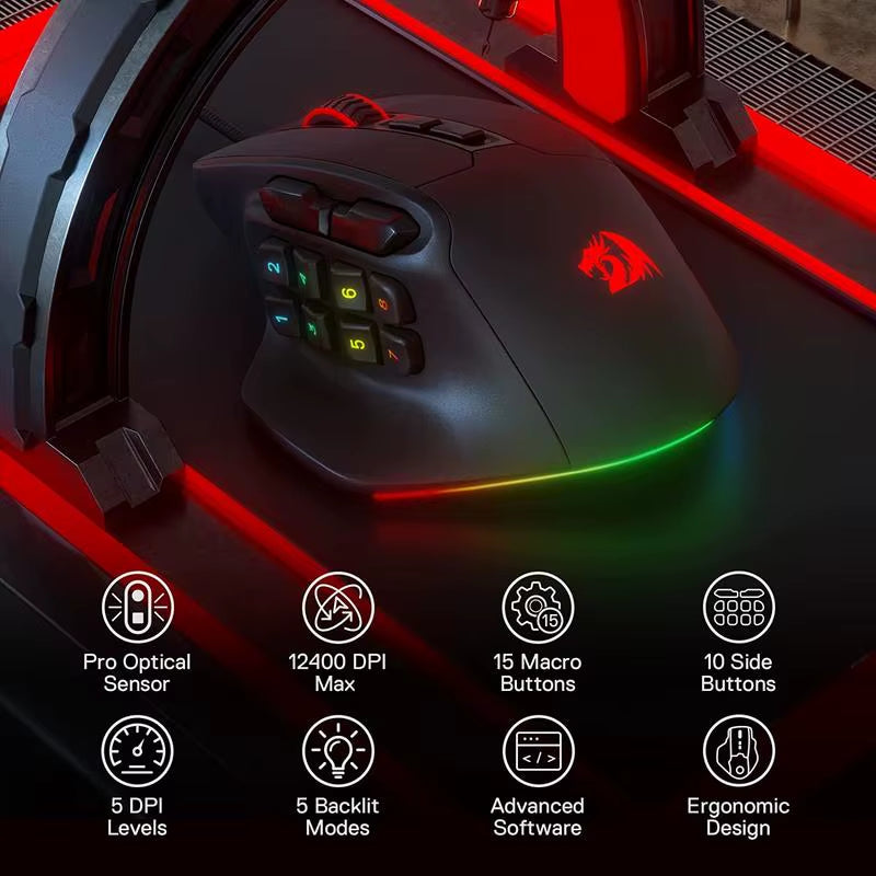 M811 Aatrox MMO Gaming Mouse, 15 Programmable Buttons Wired RGB Gamer Mouse W/ Ergonomic Natural Grip Build